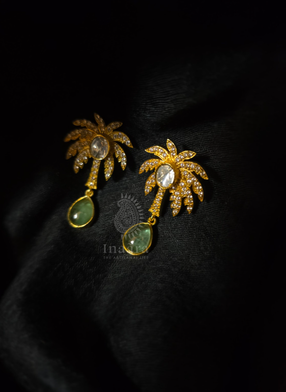 Gold-Toned Palm Tree Green Onyx Earrings