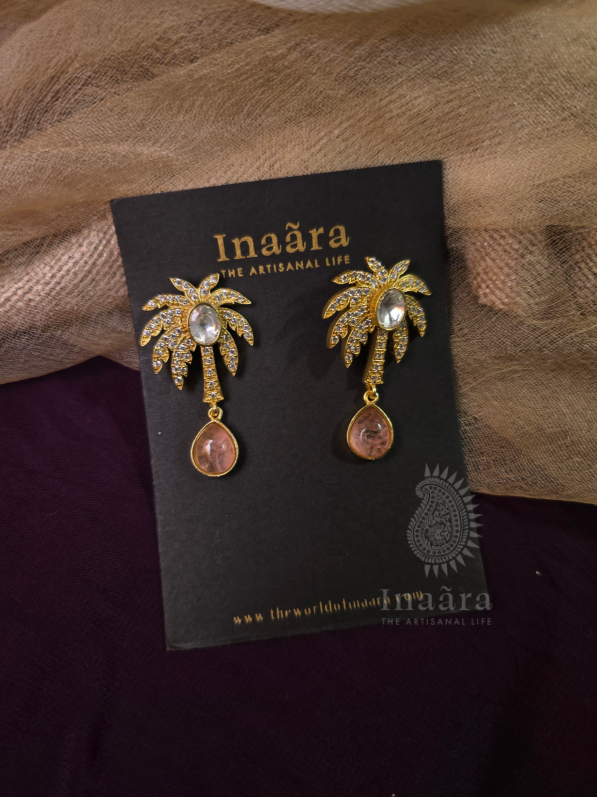 Gold-Toned Palm Tree Rose Quartz Earrings