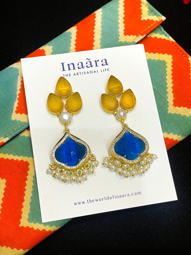 Yellow Quartz,Lapiz Lazuli&Pearl Earrings