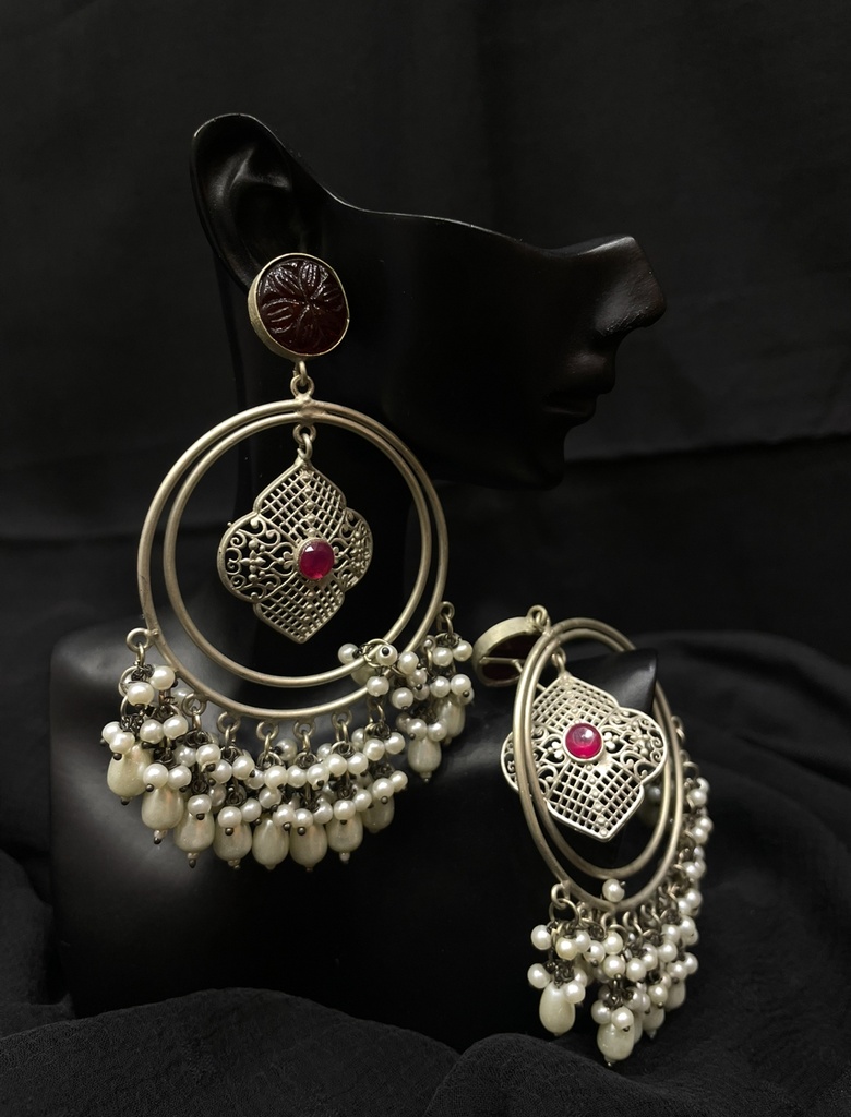 Oxidized Silver-Plated Hoop Earrings-Red