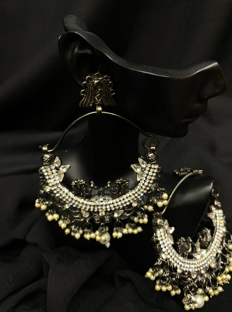 Oxidized Silver Floral Chandbali Earrings