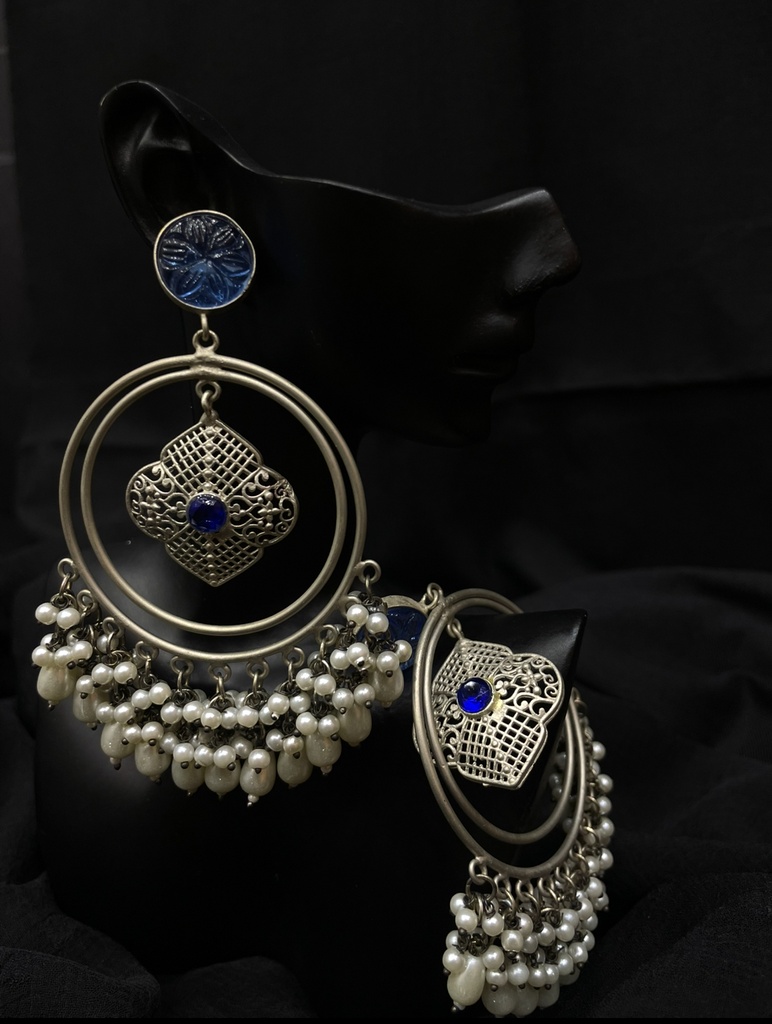 Oxidized Silver-Plated Hoop Earrings-Blue