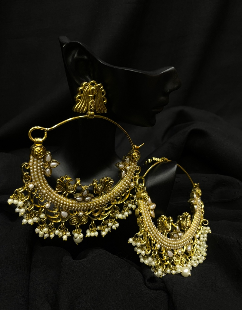 Gold Tone Pearl & Peacock Earrings