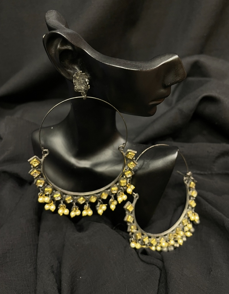 Oxidized Silver Hoop Earrings w/Pearls & Stones