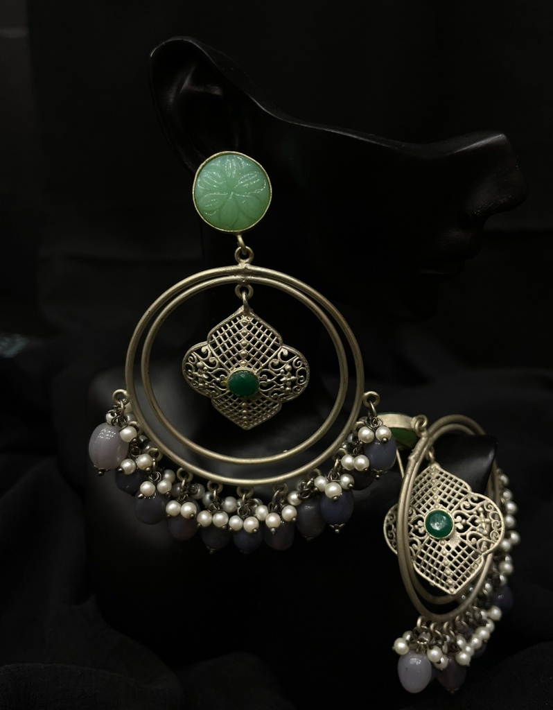 Oxidized Silver-Plated Hoop Earring-Green/Gray