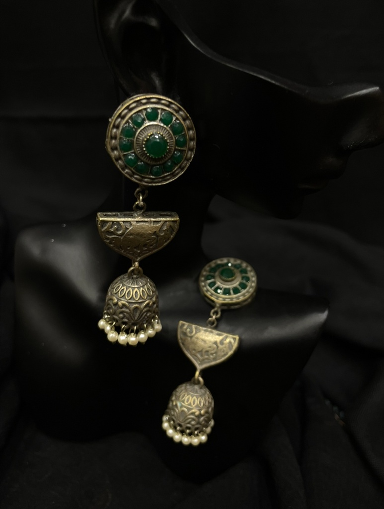Oxidized Silver Jhumka Earrings w/ Green Stone
