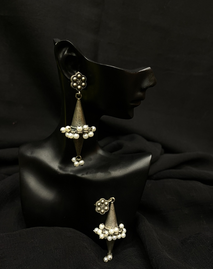 Oxidized Silver Dangle Earrings w/Pearl Beads