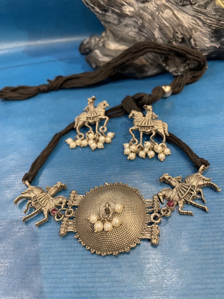 Oxidized Silver Set w/ Horse & Pearl Design