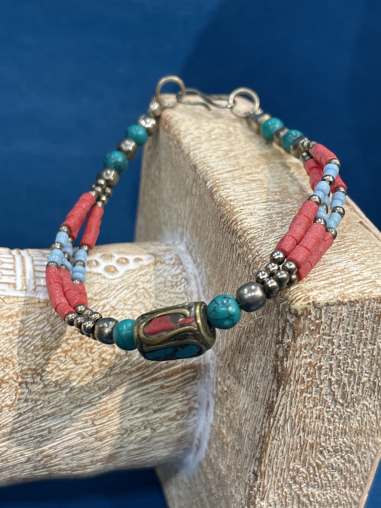 Himalayan Coral Beads&Malachite Bracelet