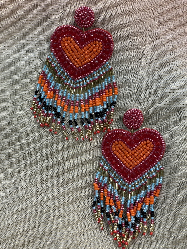 Red Heart Beaded Fringe Earrings