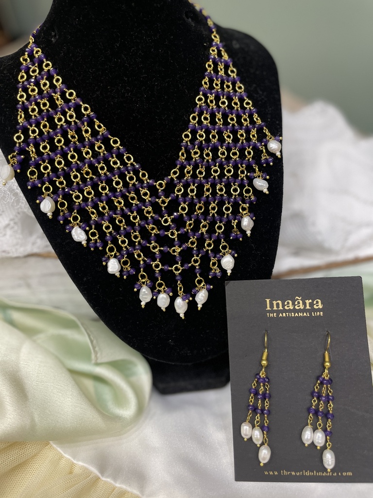 Purple Beads & Pearls Mesh Choker Set