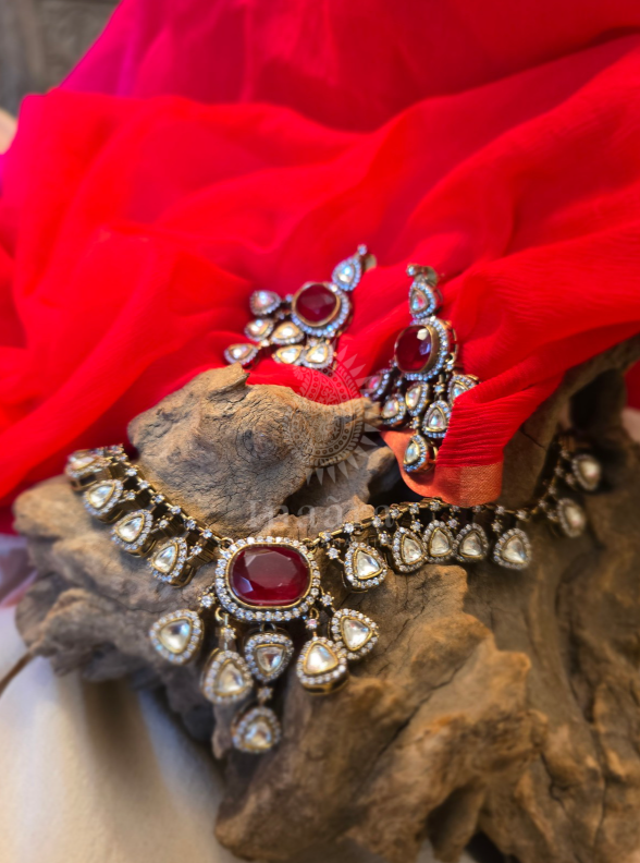 Ethnic Red&White Polki Stones Necklace Set