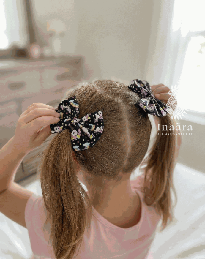 Printed Bow Hair Clips- Black Unicorn