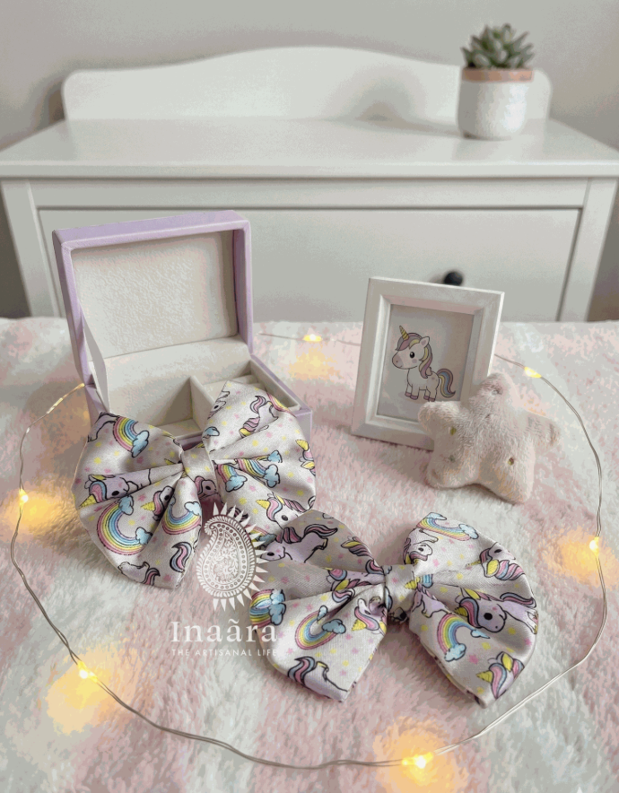 Printed Bow Hair Clips- Pink Unicorn