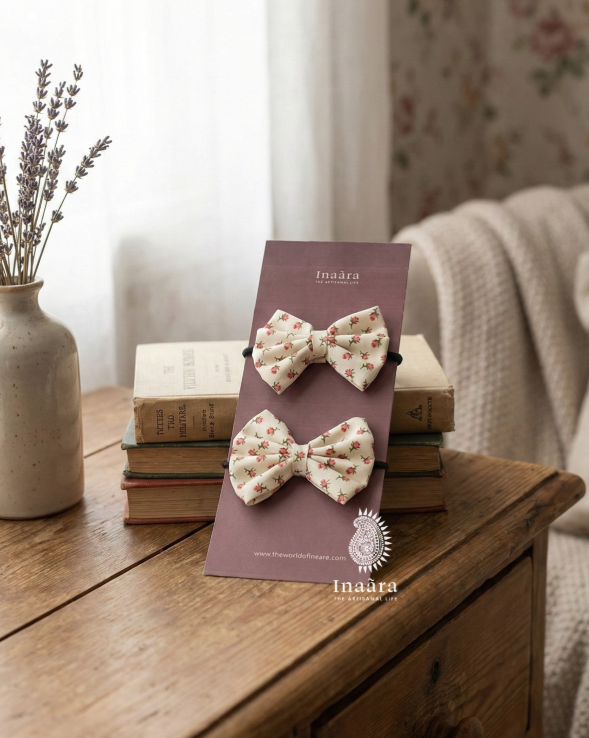 Pigtail Hair Bows- White Floral