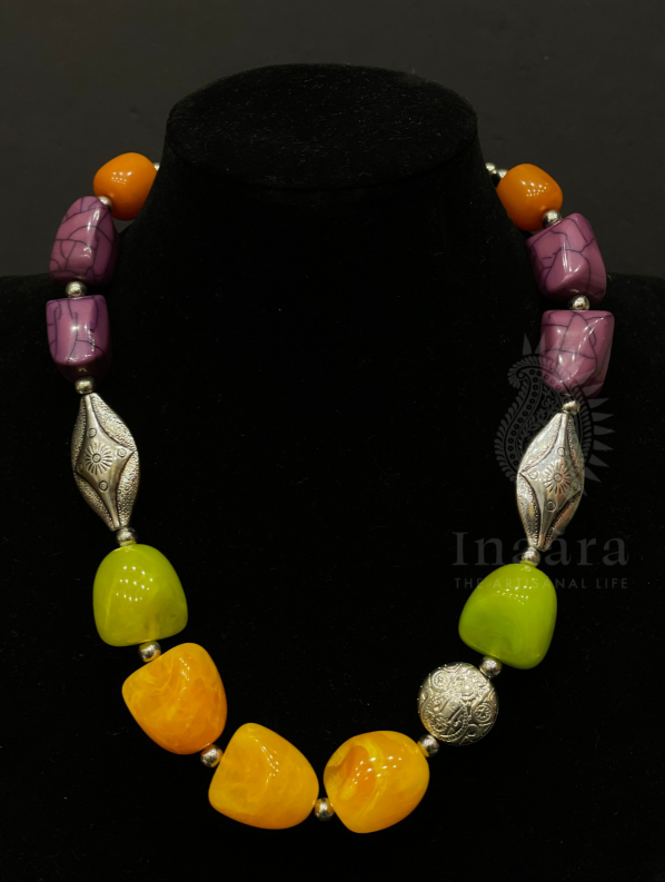 Chunky Beaded Necklace- Orange & Green