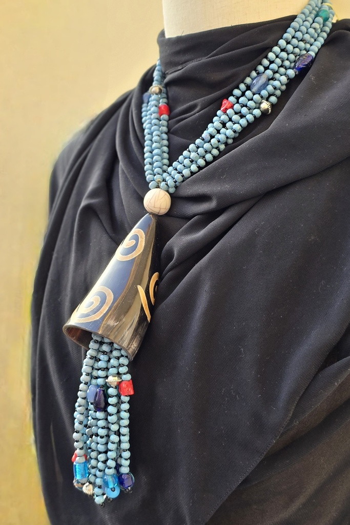 Beaded Buffalo Horn Necklace from Central India - blue warli