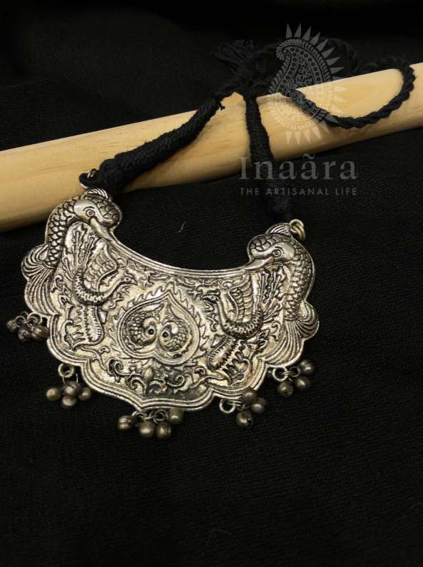 Oxidized Silver Tribal Necklace w/Peacock Design