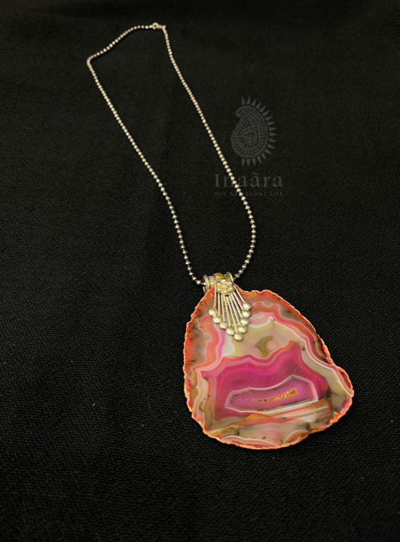 Pink Agate Slice Pendant Necklace