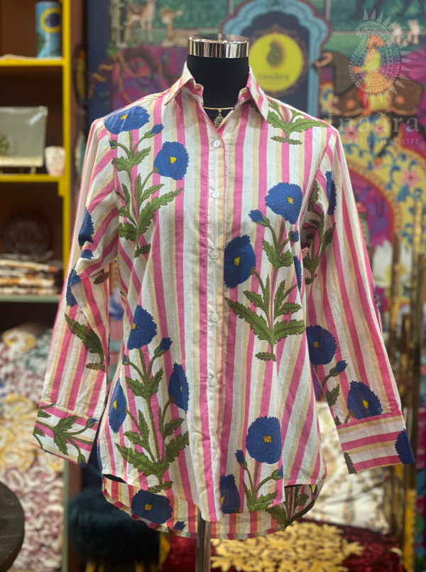 Block Printed Full Sleeves-Pink/White Stripes
