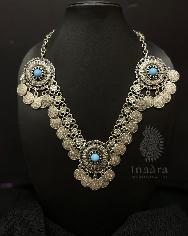 Silver Oxidized Tribal Coin Necklace