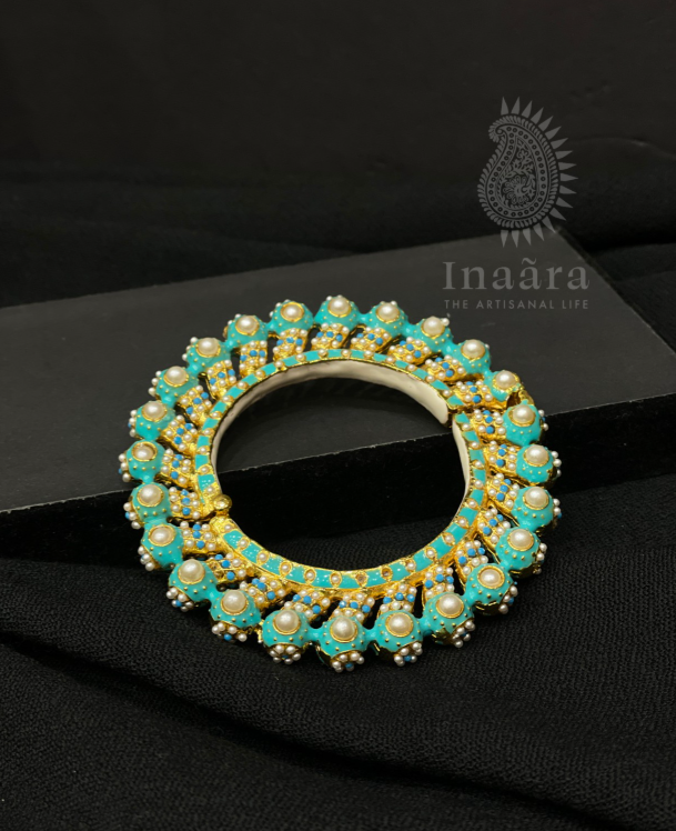 Oversized Pearl Meenakari Bangle- Sky Blue