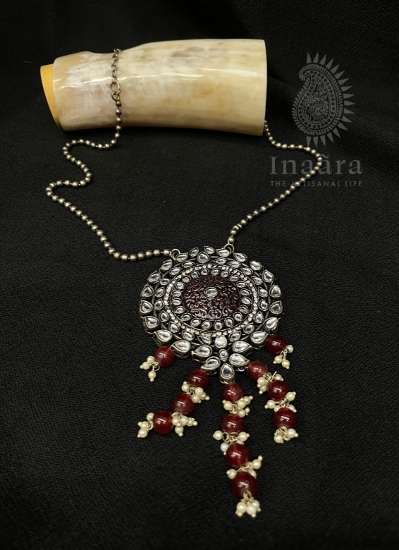 Silver Oxidized Kundan Pendant Necklace