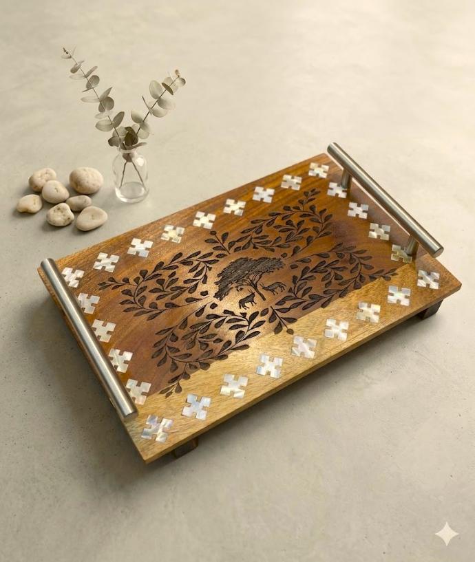 Al Zubarah Tray Base w/ Steel Handle - Mother of Pearl