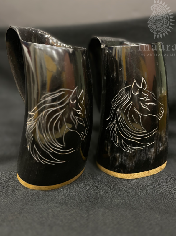 Buffalo Horn Mug Horse Engraved