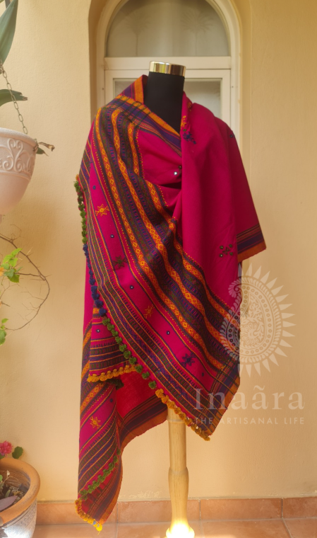 Mirror Work Bhujodi Full Shawl- Fushia Pink