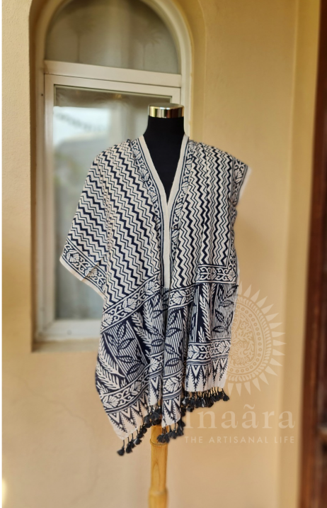 Block Print Bhujodi Stole- Gray