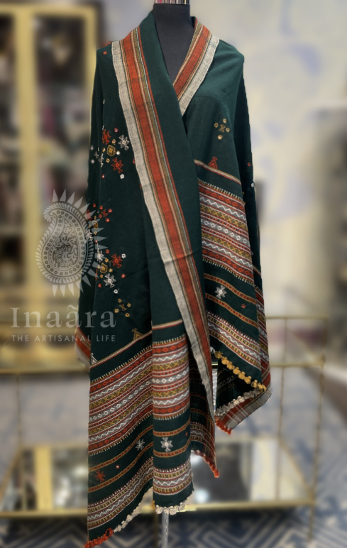 Mirror Work Bhujodi Full Shawl- Green