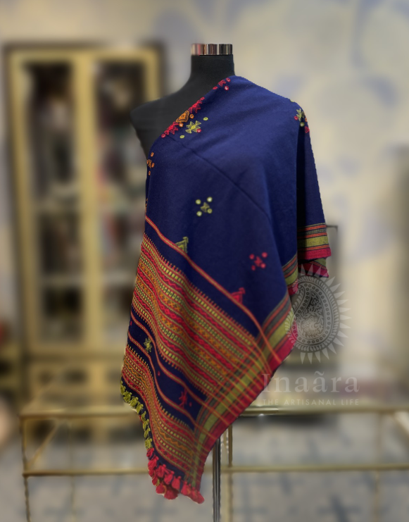 Mirror Work Bhujodi Full Shawl- Navy Blue