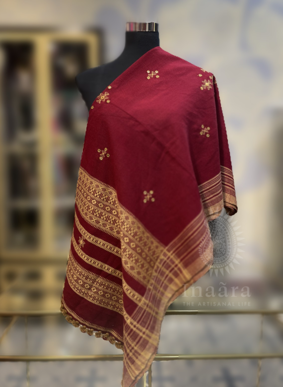 Mirror Work Bhujodi Full Shawl- Red Brown