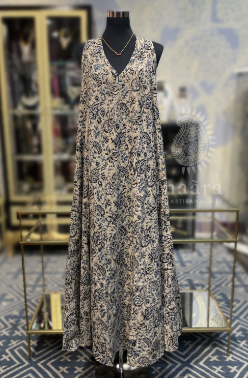 Kalamkari Block Print Maxi Dress- Blue