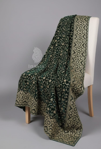 Embroidered Velvet Dupatta-Bottle Green