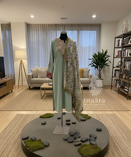 Velvet Ethnic Kurti-Pastel Green Set