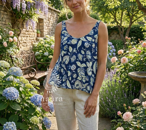 Rita Spaghetti Top-Deep Blue Floral