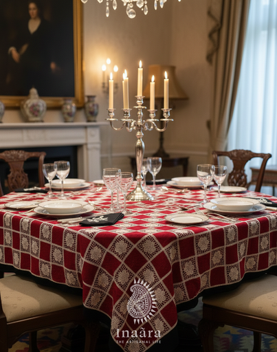 Allover Phulkari Embroid TableCloth-Red