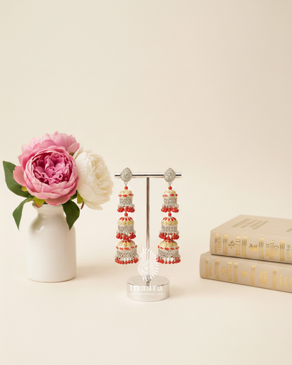 Multi-Layered Jhumka w/Red Beaded Earrings