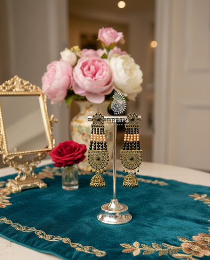 Jhumka Earrings w/Black&Peach Faux Pearls