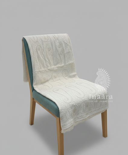 Embroidered Velvet Shawl- White Paisley