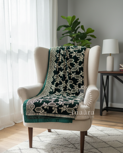 Embroidered Velvet Shawl-Hexa Green Floral