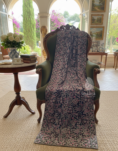 Embroidered Velvet Shawl-Black Floral