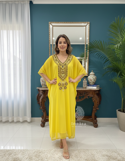 Hand Beaded Kaftan- Yellow