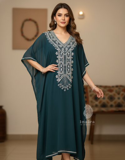 Hand Beaded Kaftan- Deep Teal