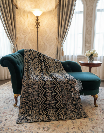 Embroidered Velvet Shawl-Zigzag/Black