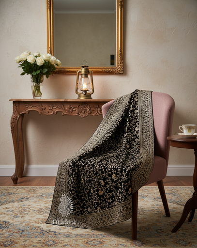 Embroidered Velvet Shawl-Black/Brown Floral