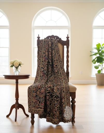 Embroidered Velvet Shawl-Black/Pink Floral