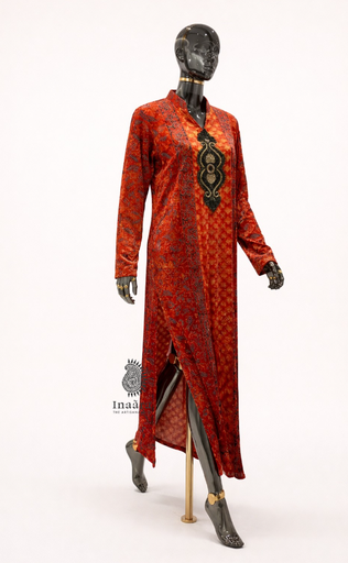 Ajrakh Velvet Long Kurta-Red